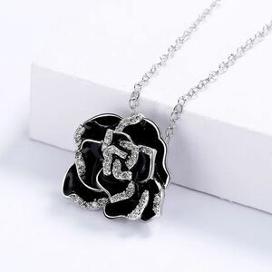 Elegant Black Rose Pendant Necklace Silver Tone Enamel Rhinestone Crystal Floral